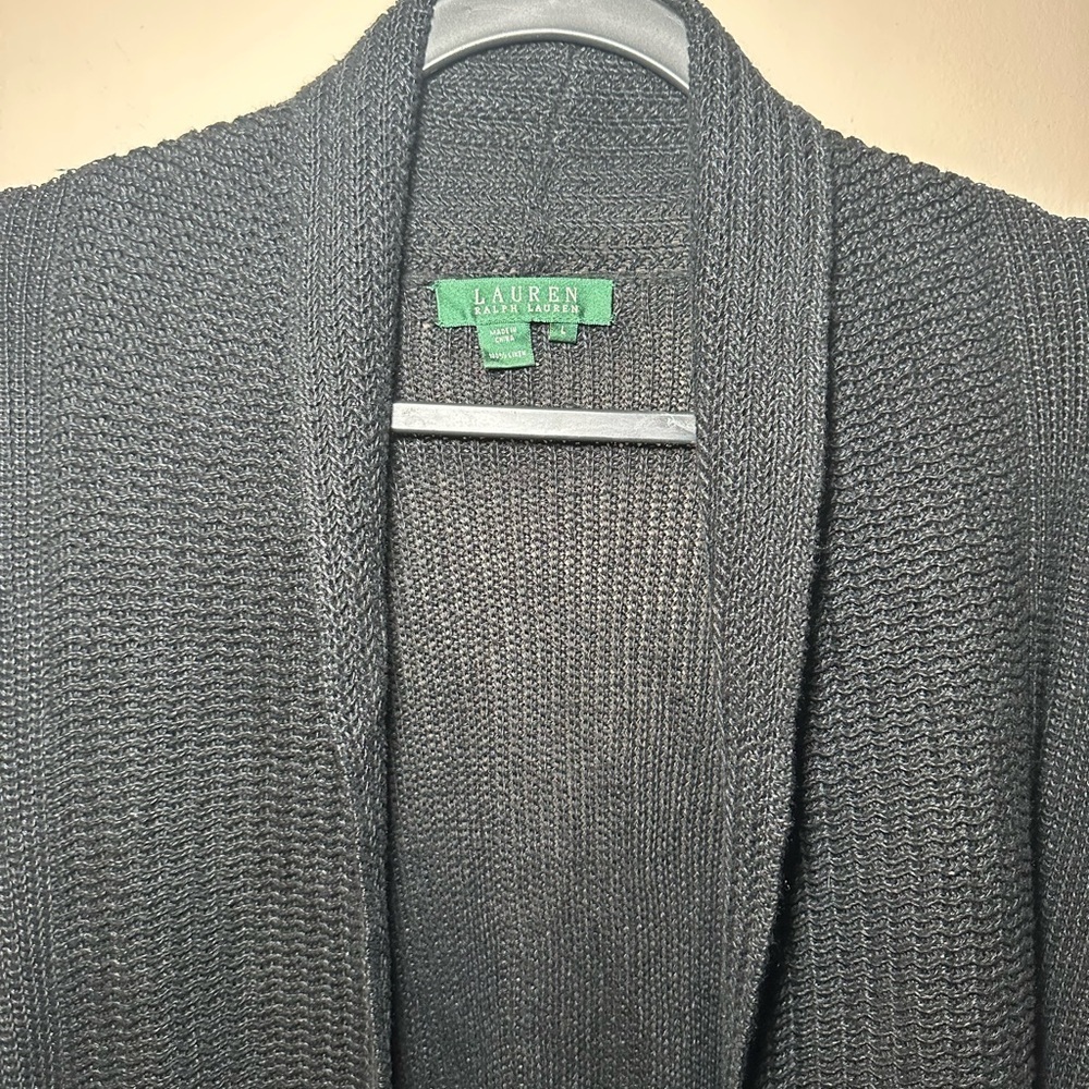 Lauren Ralph Lauren 100% Linen Black Open Front Staple Academia Cardigan Size L - Picture 2 of 12